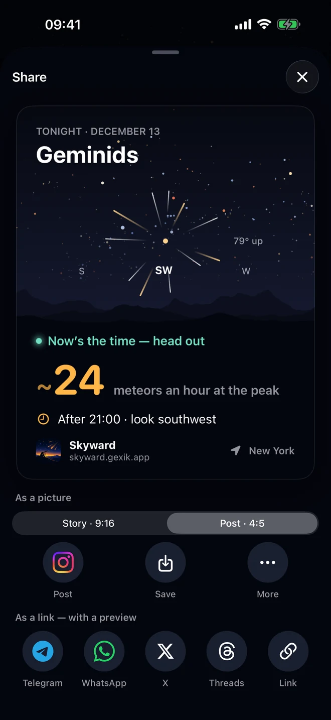The Share sheet: a picture of the Geminids over New York with about 24 meteors an hour at the peak, story or post, Instagram, Save and More, and a link for Telegram, WhatsApp, X and Threads