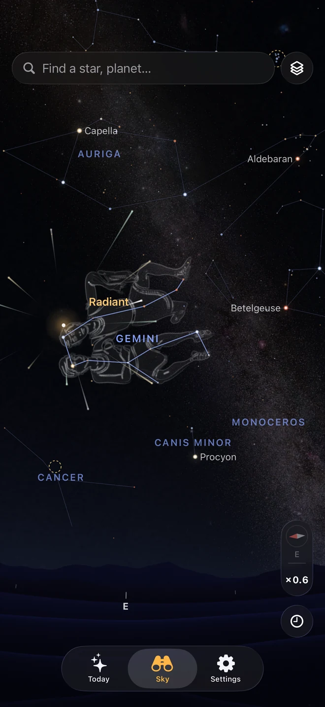 The live sky map: the Geminids radiant in Gemini with the constellation drawings of Gemini and Auriga, Capella, Aldebaran, Betelgeuse and Procyon over the Milky Way