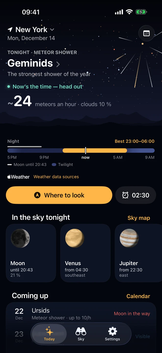 Skyward Today in New York on the night of the Geminids: now’s the time, about 24 meteors an hour with 10 % cloud, the night strip with the best window 23:00–06:00, Where to look, and the Moon, Venus and Jupiter in the sky tonight